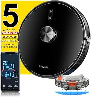 LILIN X6 Robô aspirador de pó com Navegação LiDAR, aspirador em preto, smartphone cinza, fundo amarelo com texto de garantia