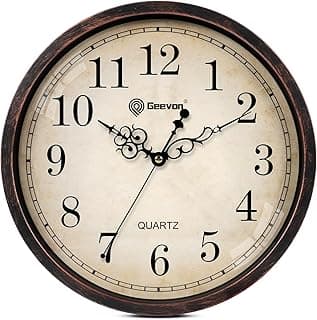 Relógio de parede vintage Geevon, silencioso, 30 cm, fundo branco, moldura marrom, números 1 a 12, texto 'QUARTZ', operado por bateria