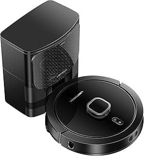 Robô aspirador preto e cinza com base autolimpante e botão de controle