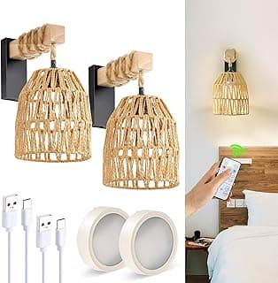 Arandela de parede operada por bateria, arandela de parede recarregável com controle remoto, arandelas de parede Boho Rattan, arandelas sem fio, conjunto de 2 para quarto, sala de estar