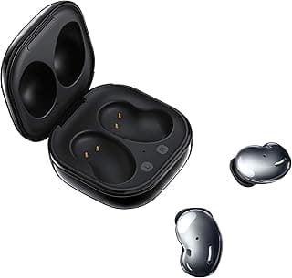 Fone de ouvido Bluetooth Samsung Galaxy Buds Live preto com estojo aberto e fones de ouvido prateados