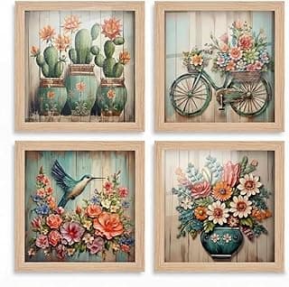 Kit de quatro quadros decorativos 18x18 cm com temas de cactos, bicicleta, beija-flor e flores em molduras de carvalho.