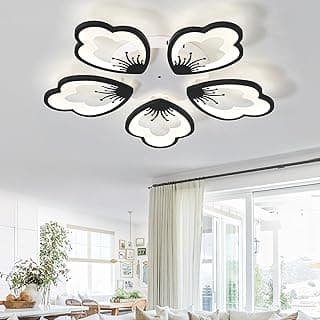Lustre LED design floral preto e branco, controle remoto, dimmer, temperatura variável, sala de estar