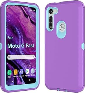 Capa protetora lilás para Motorola G Fast com detalhes em azul, mostrando a tela e ícones de aplicativos.