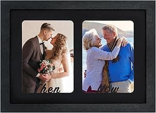 Porta-retrato duplo GMFrames Then and Now preto com fotos de um casal de noivos e um casal mais velho abraçando.