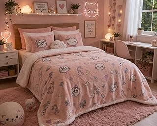 Manta Cobertor Infantil Dupla Face com Sherpa, Brilha no Escuro, Estampa de Gatinhos, 100% Poliéster, 200x210 cm, Rosa