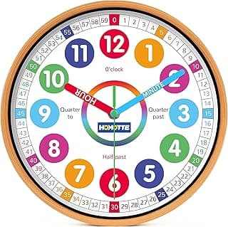 Homotte Relógio de parede infantil para quarto, relógio de aprendizagem multicolorido redondo de 25,4 cm, relógio de parede educativo analógico silencioso sem tique-taque para meninos e meninas decoração de casa para sala de aula