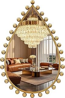 Espelho decorativo de parede dourado com moldura esférica e contas