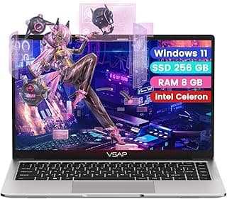 Notebook VSAP Intel Celeron com 8 GB RAM, SSD 256 GB e tela FHD 14 polegadas aberto com uma imagem digital na tela.