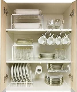 Kit Organizador de Armário Aramado de Cozinha com Pratos e Xícaras Brancos