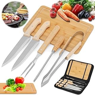 Kit de churrasco com seis peças, facas, espetos, pinças e tábua de bambu