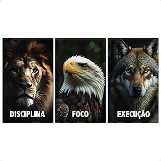 Conjunto de 3 quadros decorativos motivacionais com leão, águia e lobo, palavras disciplina, foco e execução