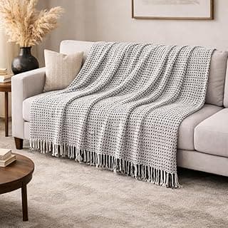 Manta para Sofá 240x180 cm – Algodão Macio e Respirável – Decoração para Sala – Conforto e Estilo para Casa – Cru com Cinza – com Franjas