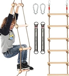1 Escada de corda de escalada de 1,8 m para crianças, escada suspensa de corda de madeira, escada de corda para casa na árvore, acessórios para ambientes externos e internos