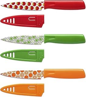 Conjunto de três facas Hampton Forge com estampas temáticas, cabos coloridos e protetores de lâmina