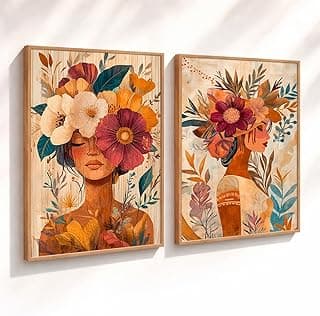Kit 2 quadros decorativos mulher flores arte boho colorido estético tons terrosos