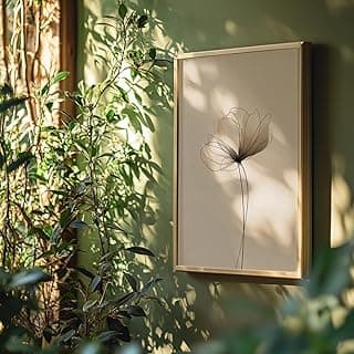 Quadro decorativo abstrato com duas flores em linhas finas, moldura dourada, ideal para decoração de sala ou quarto.