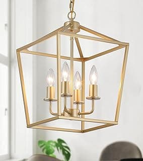 Luminária de teto industrial dourada com gaiola de metal rústica, quatro luzes, design geométrico