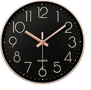 jomparis Relógio de parede preto ouro rosa silencioso, sem tique-taque, quartzo, varredura, decorativo, operado por bateria, relógios de parede
