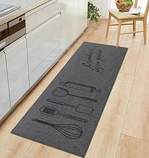 Tapete antiderrapante cinza chumbo para cozinha com desenhos de utensílios de cozinha, 45x140cm