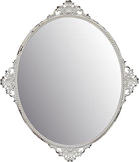 Espelho decorativo oval branco antigo com moldura floral, para decoração rústica
