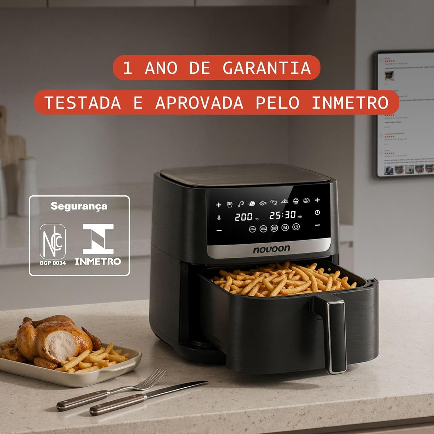 Air Fryer Novaon RA861D 8L preta com 1 ano de garantia testada pelo Inmetro.
