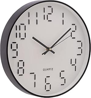 Relógio de parede branco e preto com mostrador digital e texto Quartz