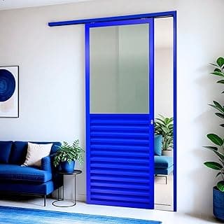 Porta de Correr Suspensa 210x90cm Meia Veneziana Meia Vidro Esq L.25 Brimak Abertura Esquerda Azul