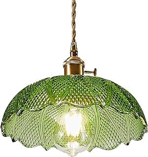 Luminária pendente de vidro verde-grama com acabamento em latão dourado, estilo vintage, iluminação cobre, tamanho médio