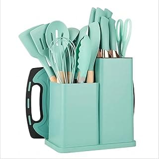 Utensilios Para Cozinha Silicone Kit 19 Peças Cabo Madeira Conjunto Completo Espátula Concha Colher Jogo Suporte Faca Antiaderente Tabua Tesoura Faqueiro PREMIUM (Verde)
