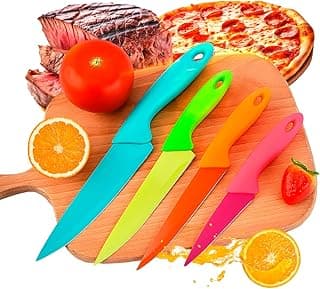 Jogo De Facas De Cozinha, Kit Com 4 Peças Aço Inox Coloridas, Decorativas, Cerâmica, Para Churrasco, Carnes, Frango, Peixe, Salmão, Pizza, Legumes, Verduras, Frutas, Globi Imports.