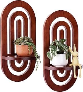 Conjunto de 2 prateleiras flutuantes de parede boho, prateleira de exibição de parede arqueada de madeira, marrom, decoração de quarto, prateleiras flutuantes para quarto, sala de estar