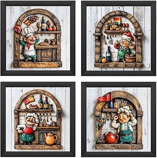 Kit de quatro quadros decorativos de chefs em cozinhas, 18x18 cm, preto