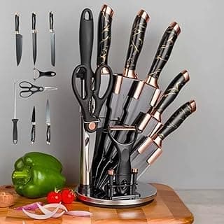 Jogo de facas 8 peças com suporte em aço inox, lâminas pretas e cobre, organizador de cozinha