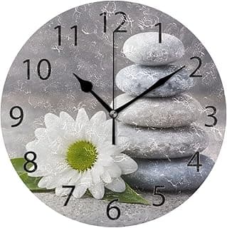 Relógio de parede acrílico redondo com pedras e flor, cinza e branco