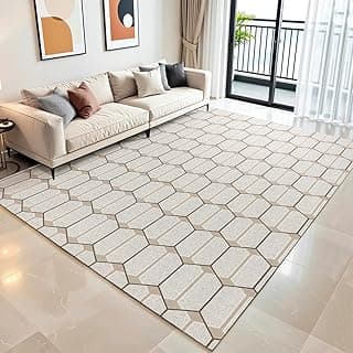Tapete decorativo geométrico branco e bege para sala de estar, padrão hexagonal, antiderrapante, moderno.
