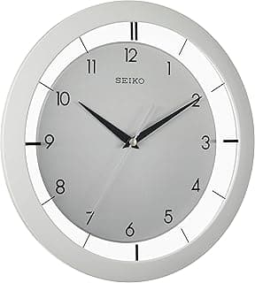 Relógio de parede Seiko cinza e branco, 28 cm, metal escovado, mostrador analógico.