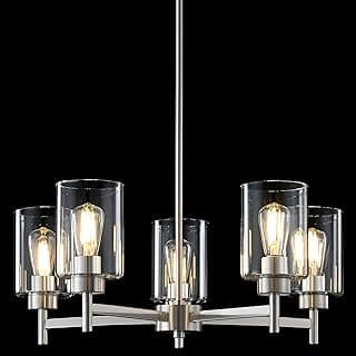 Luminária pendente de teto com 5 luzes de vidro transparente e acabamento em níquel escovado