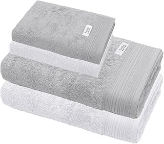 Toalhas de banho e rosto de bambu, cinza e branco, conjunto de 4 peças, Buettner, alta absorção, toque aveludado