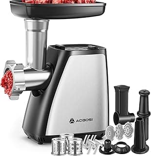 Moedor de carne elétrico AAOBOSI 2800W, aço inoxidável, com carne sendo moída e acessórios