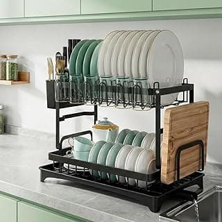 Decolab Escorredor de Louça Duplo - 12 Pratos com Bandeja para Saída de Água, Pratos de Jantar e Sobremesa, Porta Talheres, Copos e Bucha (Preto, 2 Andares) 44,5P x 30L x 33,5A cm