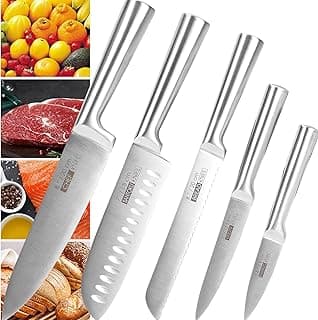 Conjunto de 5 facas de aço inoxidável, faca chef, faca de pão e faca churrasco, design ergonômico, resistente à ferrugem