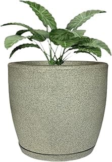 Vaso decorativo de polietileno cinza com planta de folhas grandes