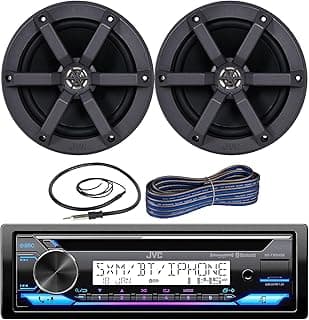 JVC Rádio Bluetooth DIN único no painel USB AUX AM/FM CD Player Combo Receptor Marítimo com 1 par (Qtde 2) 16,5 cm, 2 vias, 100 Watts de pico de potência, alto-falantes de áudio, fio de alto-falante,
