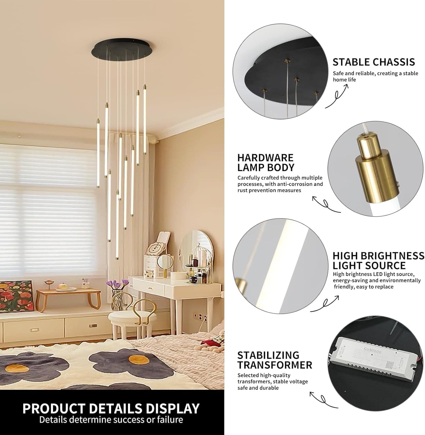 Lustre LED para Escada com 9 Luzes Preto Controle Remoto e Regulagem de Intensidade