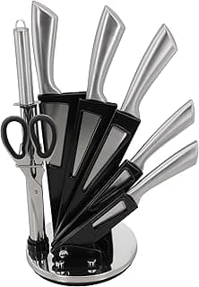 Lovely Vibe Kit de Facas em Aço Inoxidável com Suporte Giratório, Amolador e Tesoura, Preto e Inox, 8 Peças