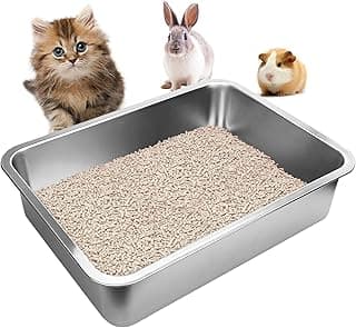 Caixa de areia para gatos de aço inoxidável com grãos de areia para gatos, fácil de limpar