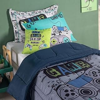 Kit juvenil de cama com edredom estampado com jogos eletrônicos, fundo verde, azul e cinza
