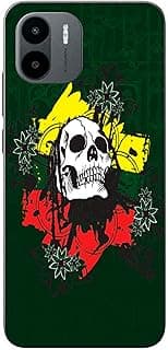 Capa adesiva com design de caveira para Xiaomi Redmi A2 2023, fundo verde com elementos florais.