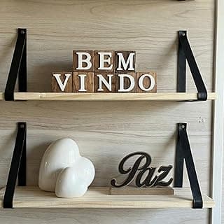 Kit 2 Prateleiras de Madeira com Alça de Couro Preta, Estilo Minimalista, com Decoração de Bem-Vindo e Paz